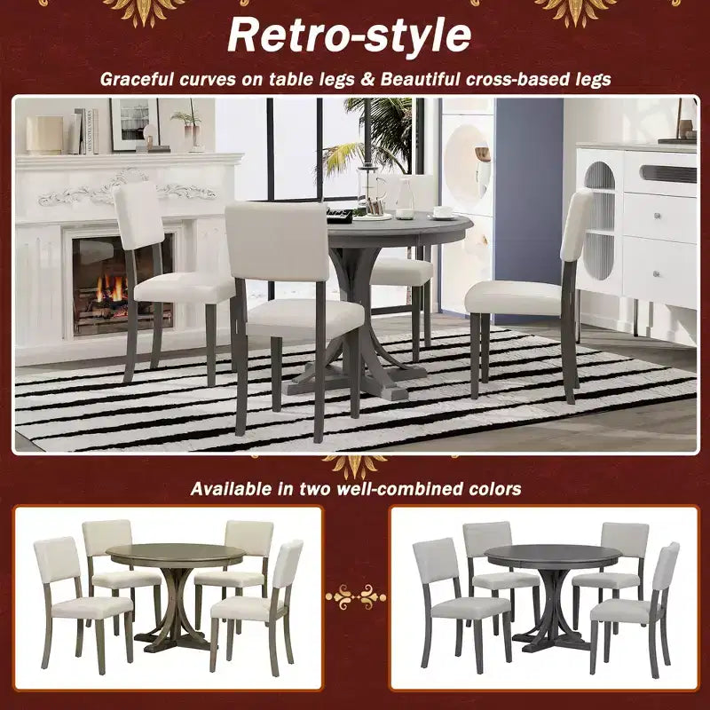 Ensemble de table à manger ronde pour 4 personnes, 5 pièces, style rétro, avec 4 chaises rembourrées