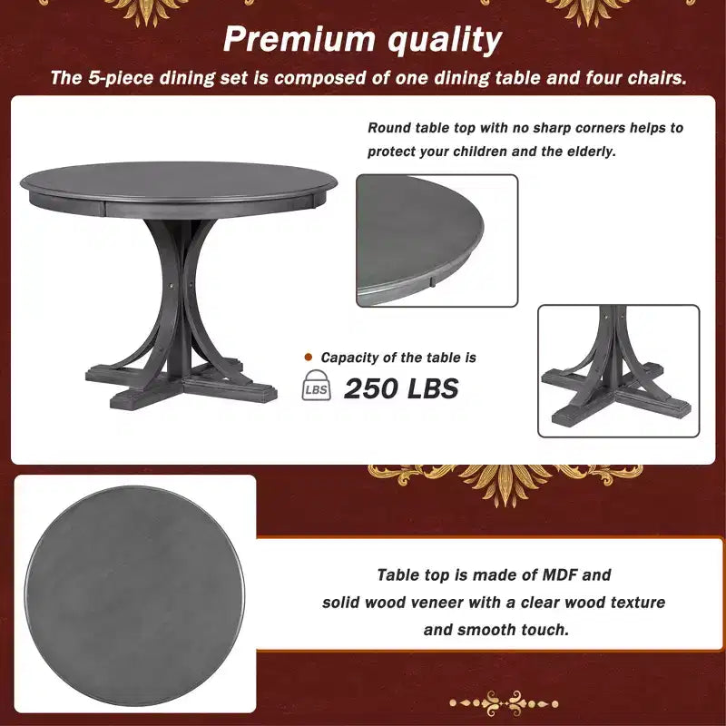 Ensemble de table à manger ronde pour 4 personnes, 5 pièces, style rétro, avec 4 chaises rembourrées
