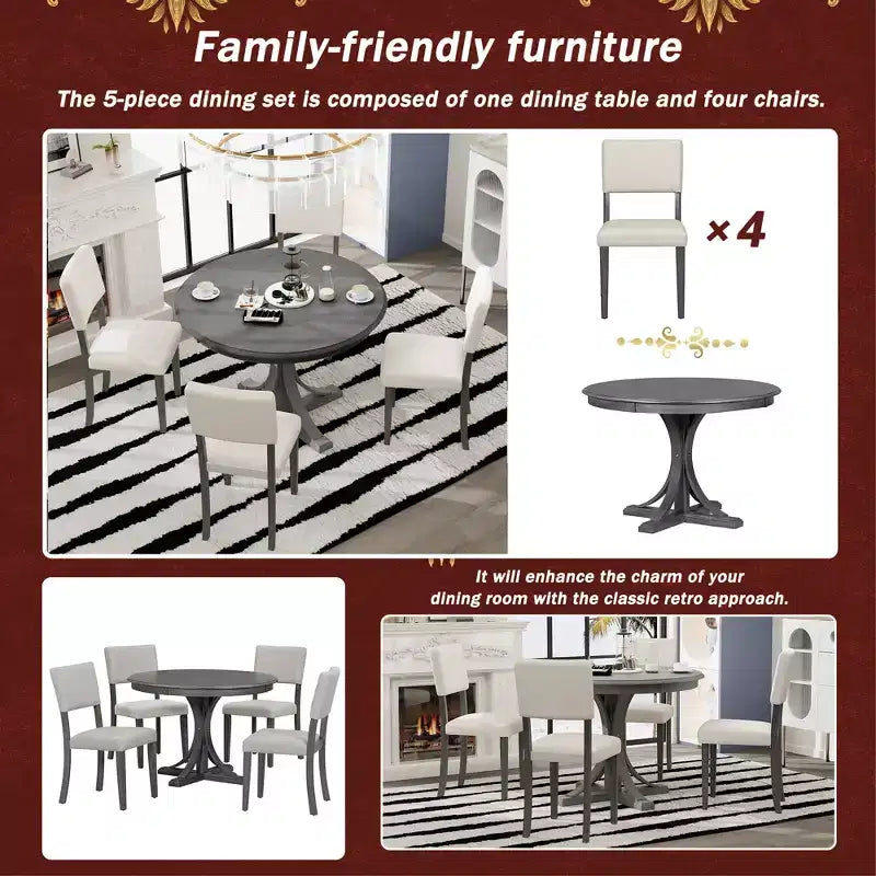 Ensemble de table à manger ronde pour 4 personnes, 5 pièces, style rétro, avec 4 chaises rembourrées