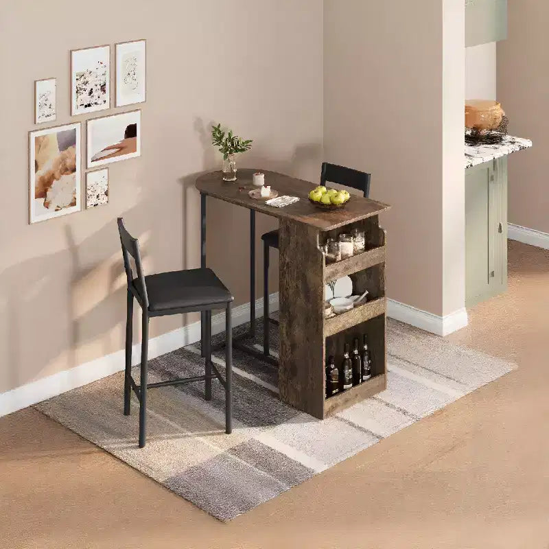 Ensemble de table de bistrot de ferme 3 pièces pour 2 avec étagères de rangement, table hauteur comptoir et 2 chaises en cuir PU, ensemble de table de salle à manger de cuisine
