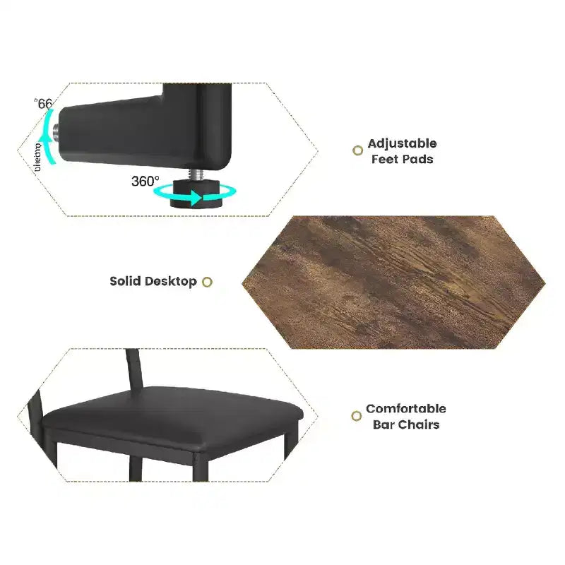 Ensemble de table de bistrot de ferme 3 pièces pour 2 avec étagères de rangement, table hauteur comptoir et 2 chaises en cuir PU, ensemble de table de salle à manger de cuisine