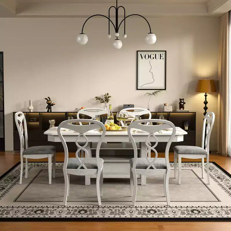 Ensemble de salle à manger extensible VECELO 5/7 pièces, table en bois d'hévéa avec 4/6 chaises de salle à manger rembourrées sans accoudoirs pour la cuisine, gris