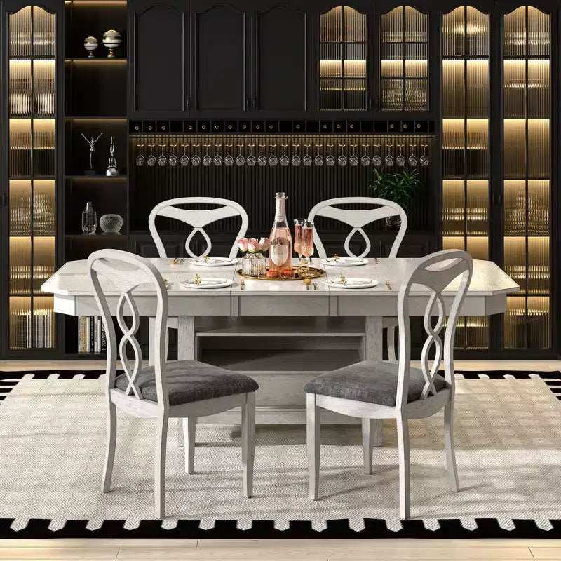 Ensemble de salle à manger extensible VECELO 5/7 pièces, table en bois d'hévéa avec 4/6 chaises de salle à manger rembourrées sans accoudoirs pour la cuisine, gris