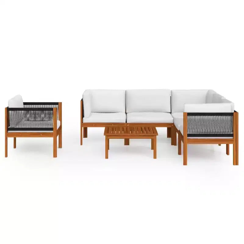 vidaXL Salon de jardin 7 pièces en bois d'acacia massif avec coussins crème – Ensemble de mobilier de jardin rustique et résistant aux intempéries avec table, canapés et fauteuil.