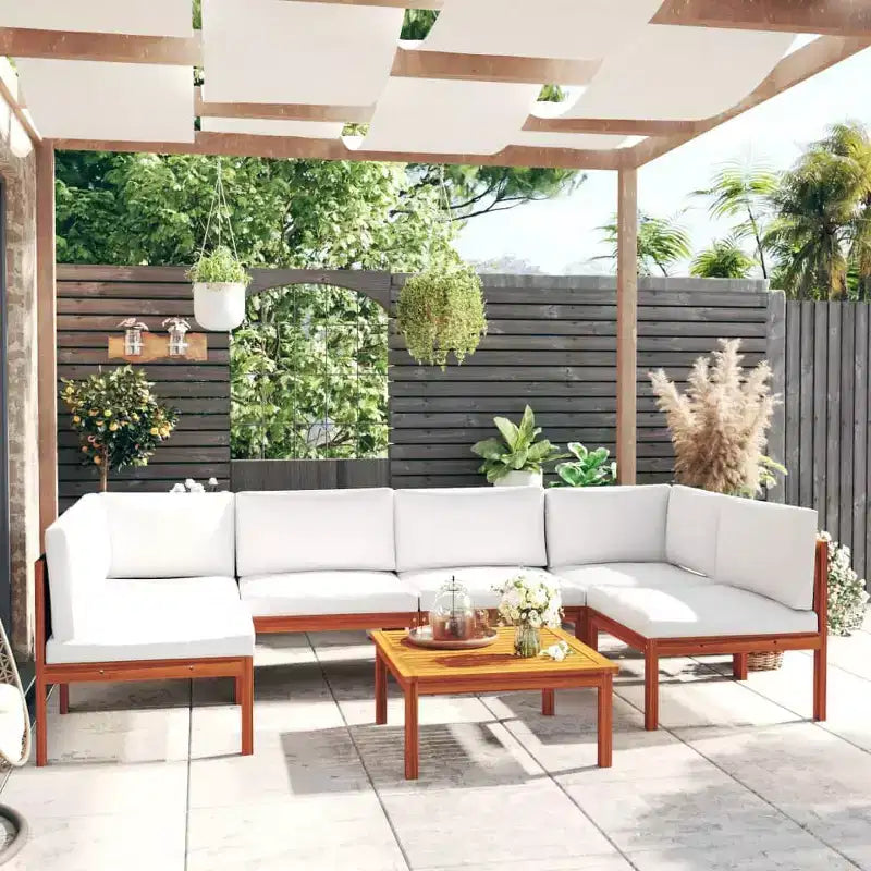 vidaXL Salon de jardin - 7 pièces avec coussins crème - Bois d'acacia massif - Comprend un canapé d'angle, un canapé central, une table - Design rustique