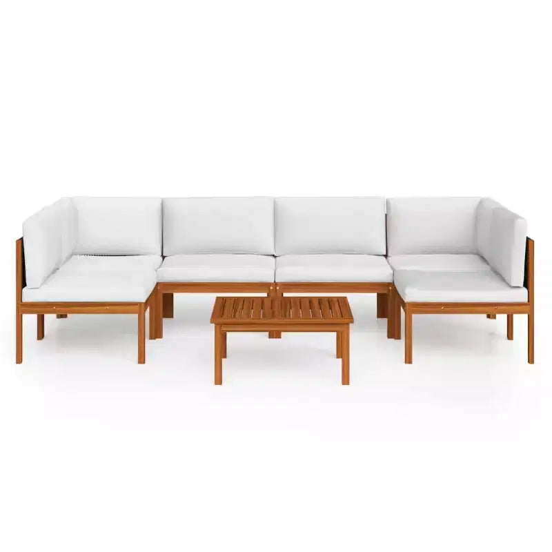 vidaXL Salon de jardin - 7 pièces avec coussins crème - Bois d'acacia massif - Comprend un canapé d'angle, un canapé central, une table - Design rustique