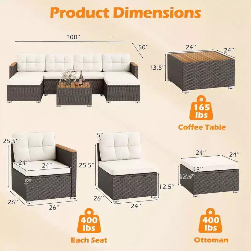 Ensemble de conversation Costway 7 pièces en osier avec coussins d'assise et de dossier, accoudoirs et plateau en bois