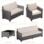 Ensemble de mobilier de patio, ensemble de canapé sectionnel d'extérieur 5 pièces avec table à manger et coussins épais - en rotin PE résistant aux intempéries