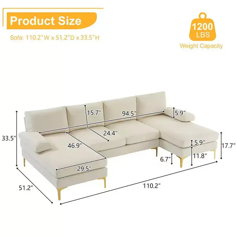 Karl Home | Canapé d'angle en U 3 places en polyester blanc cassé avec accoudoirs surmatelassés de 110 po de large