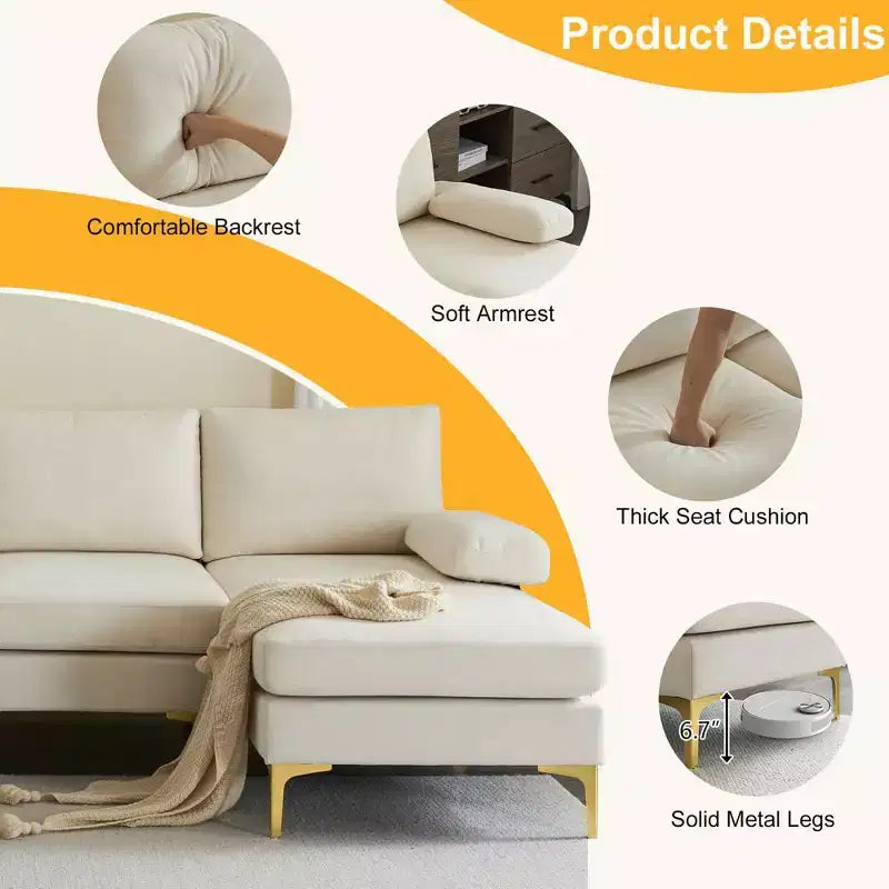 Karl Home | Canapé d'angle en U 3 places en polyester blanc cassé avec accoudoirs surmatelassés de 110 po de large