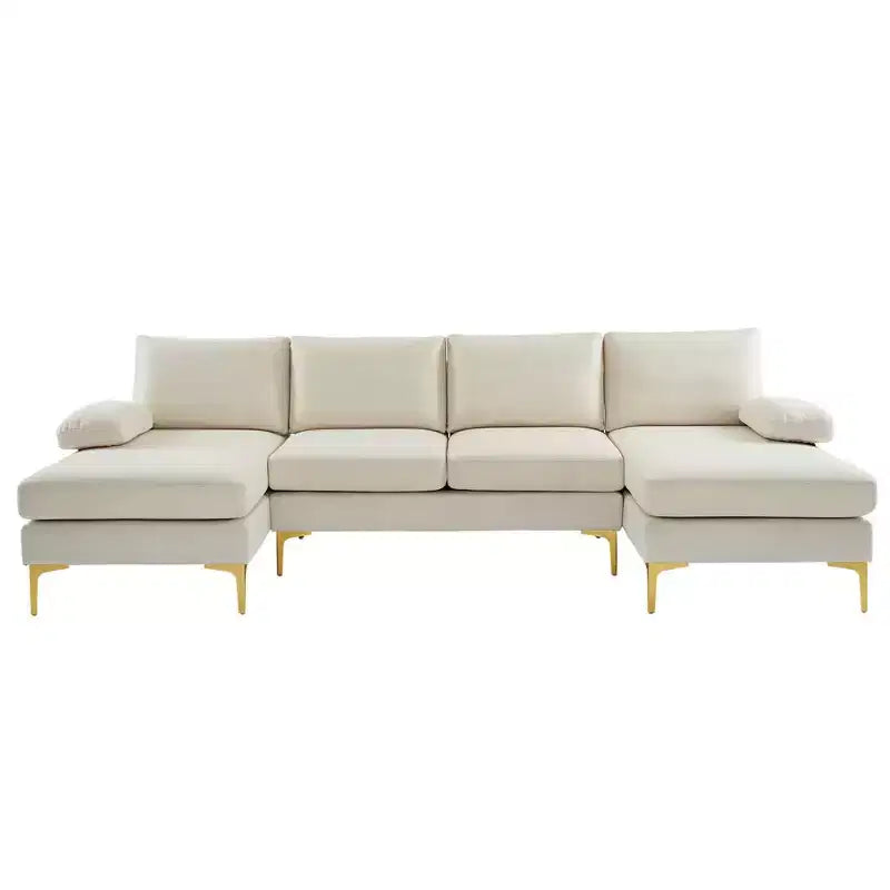 Karl Home | Canapé d'angle en U 3 places en polyester blanc cassé avec accoudoirs surmatelassés de 110 po de large