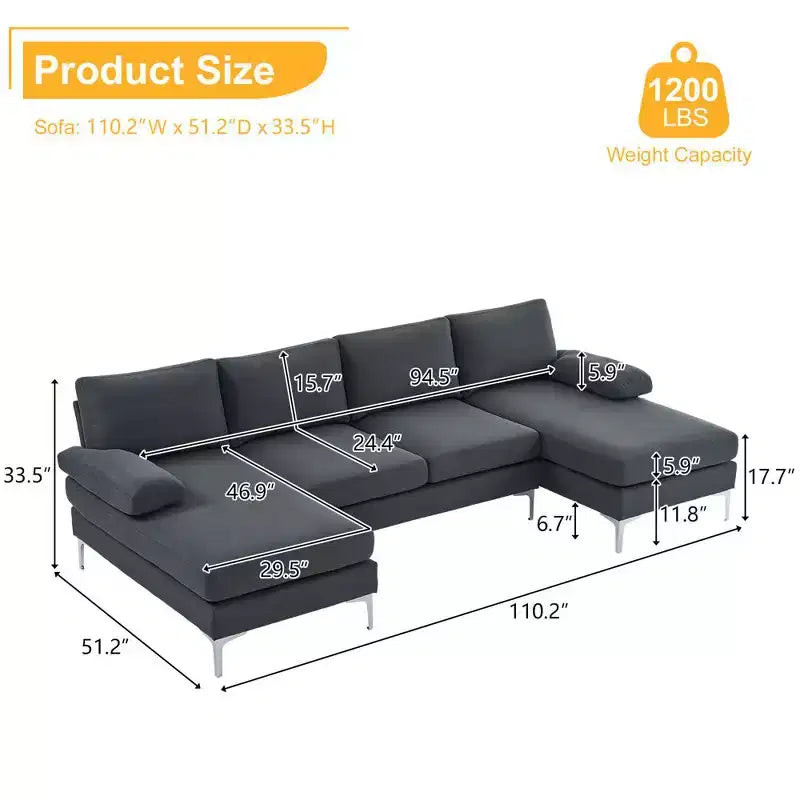 Karl Home | Canapé d'angle en U 3 places en polyester blanc cassé avec accoudoirs surmatelassés de 110 po de large
