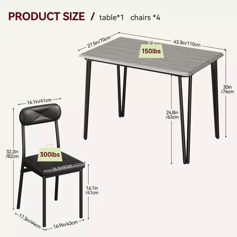 Ensemble de salle à manger 5 pièces pour 4 personnes, ensemble de table à manger moderne, table de dîner avec 4 chaises rembourrées pour petits espaces, appartements, bureaux à domicile.