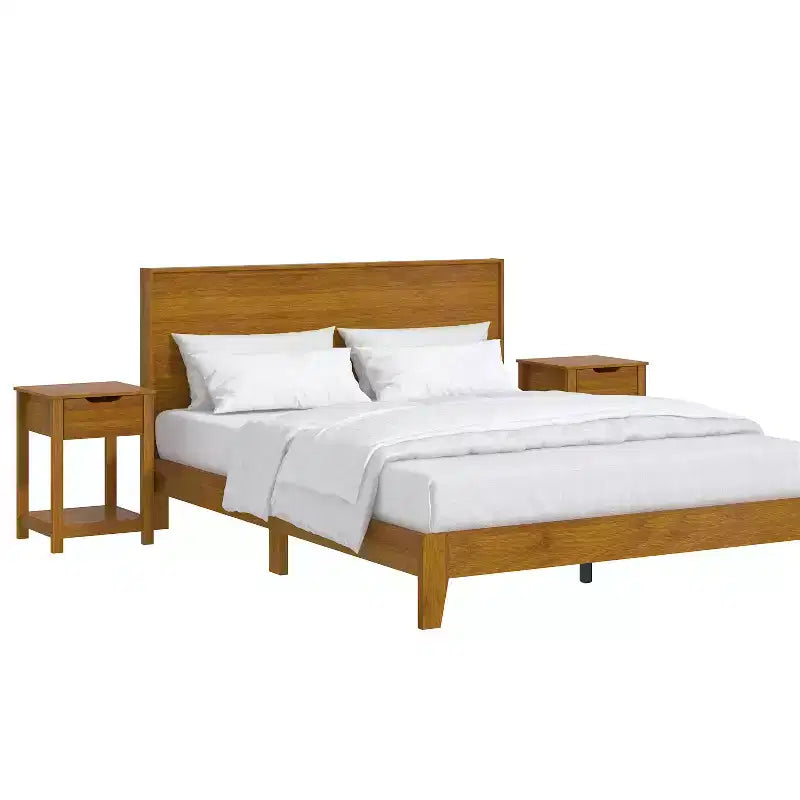 Lit Galano Queen Payne Luxe avec tête de lit et tables de chevet 2 tiroirs Elira, lot de 2, noyer ambré