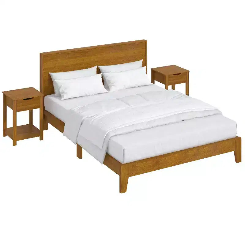 Lit Galano Queen Payne Luxe avec tête de lit et tables de chevet 2 tiroirs Elira, lot de 2, noyer ambré