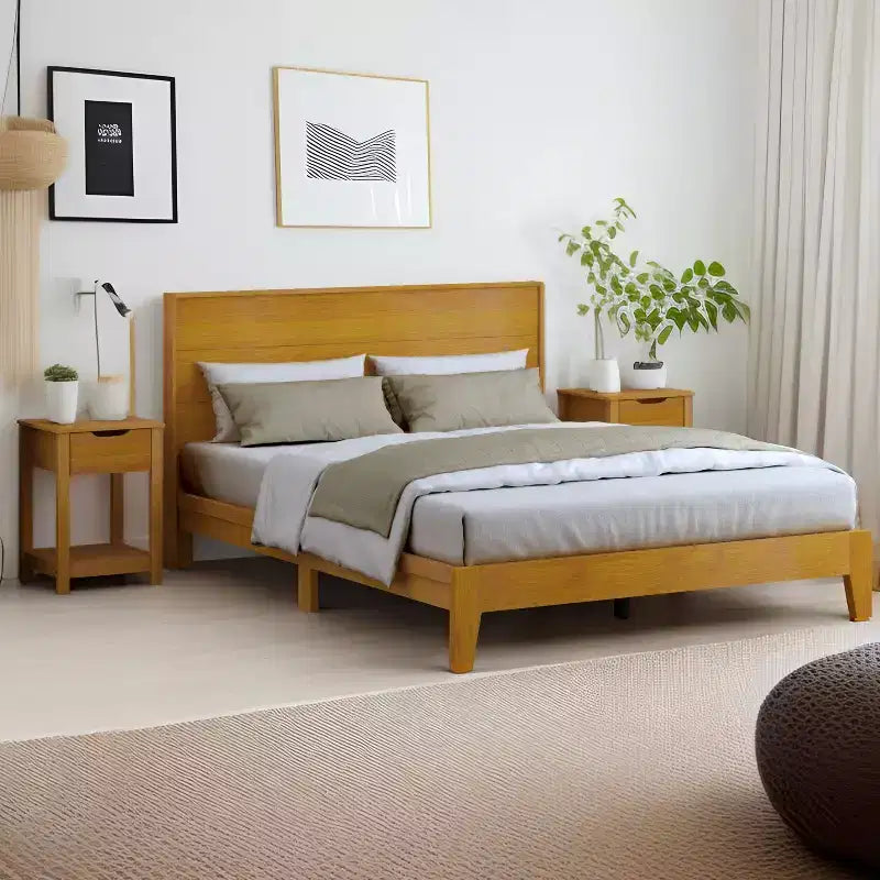 Lit Galano Queen Payne Luxe avec tête de lit et tables de chevet 2 tiroirs Elira, lot de 2, noyer ambré