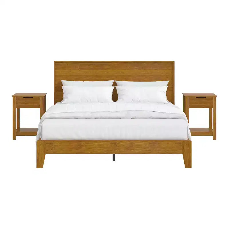 Lit Galano Queen Payne Luxe avec tête de lit et tables de chevet 2 tiroirs Elira, lot de 2, noyer ambré