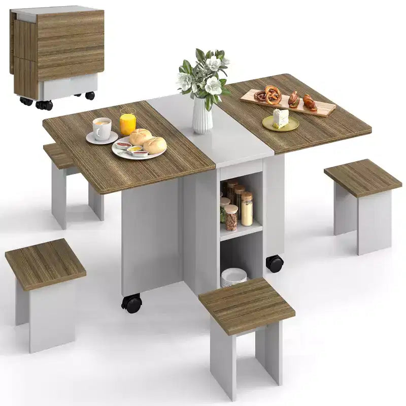 Zevemomo Folding Dining Table with 4 Chairs,with Storage & Wheels C 5-Piece Foldable Kitchen Table for Dining Room, Small Spaces & Apartment