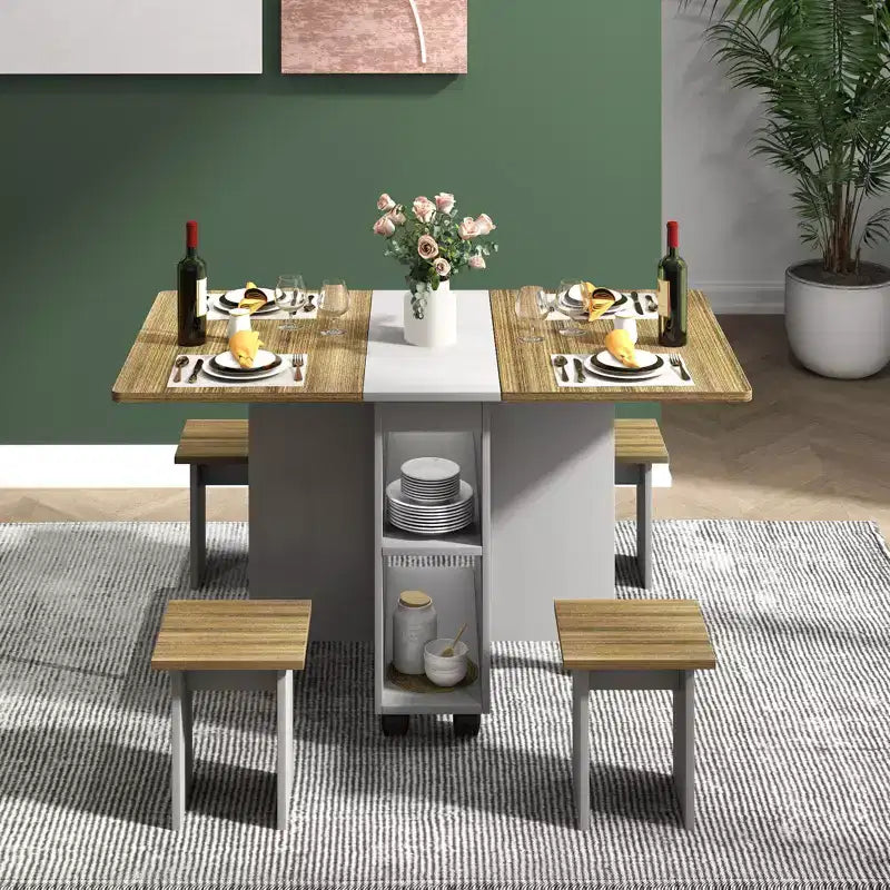 Table à manger pliante Zevemomo avec 4 chaises, rangement et roulettes – Table de cuisine pliable 5 pièces pour salle à manger, petits espaces et appartement
