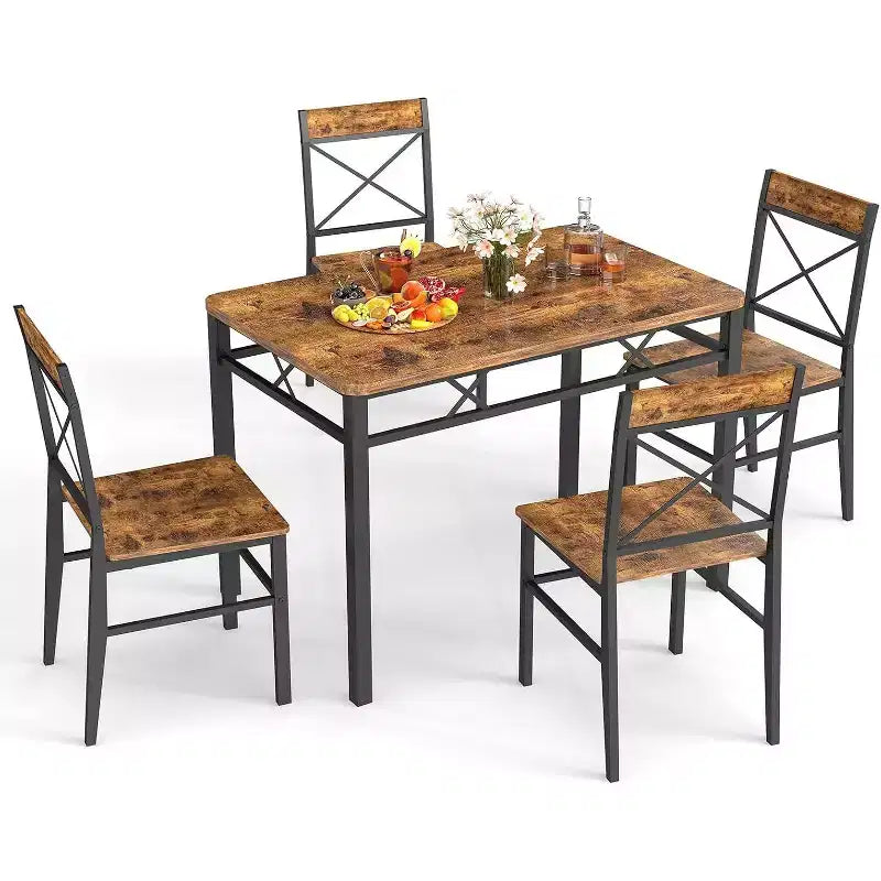 Zevemomo 5-Piece Dining Table Set, Dining Table Set for 4, , with 4 Curved Backrest Chairs, Compact Dining Set for Small Spaces & Kitchen-Brown