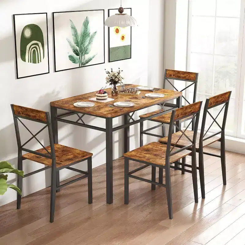 Zevemomo Ensemble de Salle à Manger 5 Pièces, Ensemble de Table à Manger pour 4 Personnes, avec 4 Chaises à Dossier Courbé, Ensemble de Salle à Manger Compact pour Petits Espaces et Cuisine - Marron