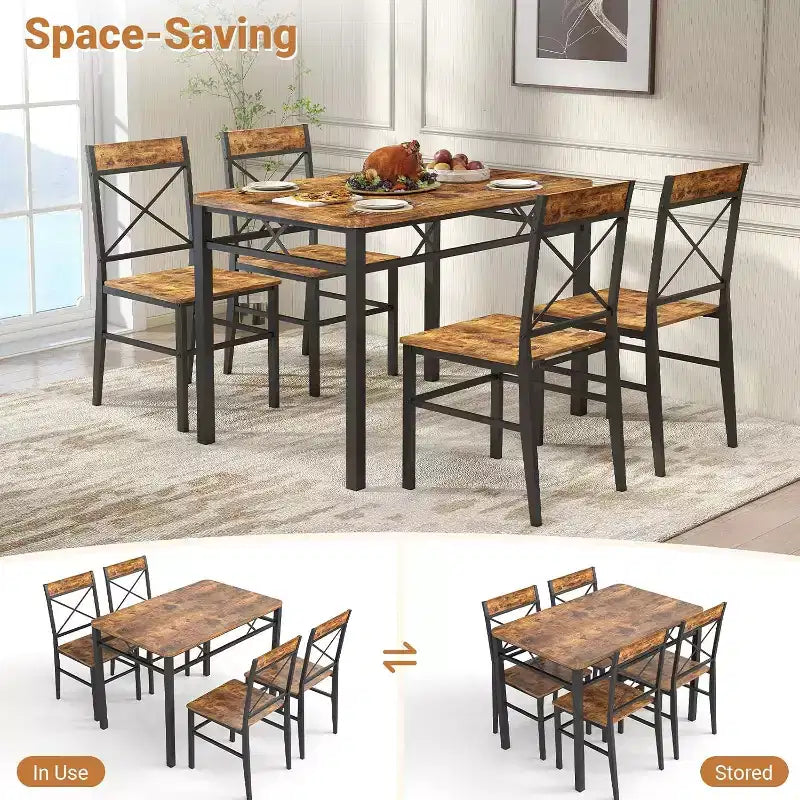 Zevemomo Ensemble de Salle à Manger 5 Pièces, Ensemble de Table à Manger pour 4 Personnes, avec 4 Chaises à Dossier Courbé, Ensemble de Salle à Manger Compact pour Petits Espaces et Cuisine - Marron
