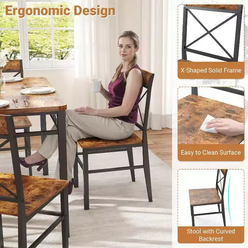Zevemomo Ensemble de Salle à Manger 5 Pièces, Ensemble de Table à Manger pour 4 Personnes, avec 4 Chaises à Dossier Courbé, Ensemble de Salle à Manger Compact pour Petits Espaces et Cuisine - Marron