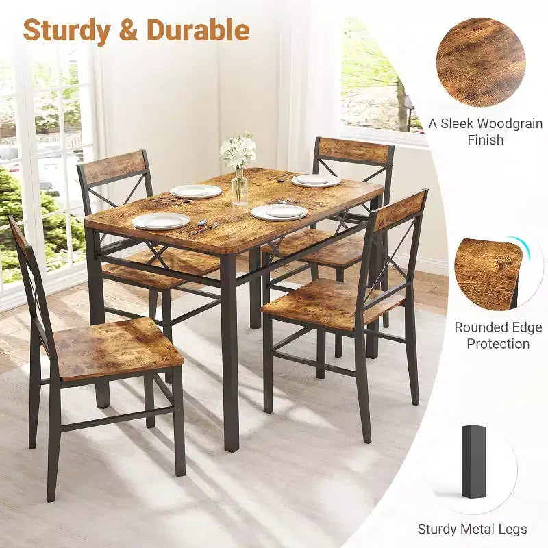 Zevemomo Ensemble de Salle à Manger 5 Pièces, Ensemble de Table à Manger pour 4 Personnes, avec 4 Chaises à Dossier Courbé, Ensemble de Salle à Manger Compact pour Petits Espaces et Cuisine - Marron