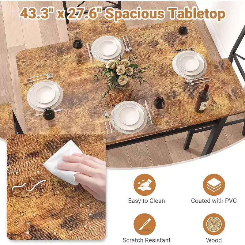 Zevemomo Ensemble de Salle à Manger 5 Pièces, Ensemble de Table à Manger pour 4 Personnes, avec 4 Chaises à Dossier Courbé, Ensemble de Salle à Manger Compact pour Petits Espaces et Cuisine - Marron