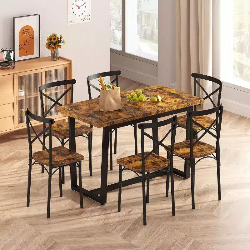 Ensemble table de salle à manger Zevemomo 7 pièces avec chaises, table rectangulaire à cadre métallique avec 6 chaises, pour cuisine, salle à manger et salon, marron