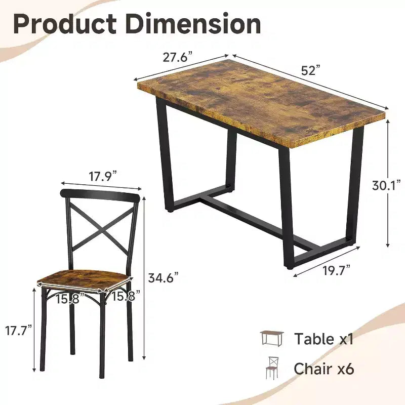 Ensemble table de salle à manger Zevemomo 7 pièces avec chaises, table rectangulaire à cadre métallique avec 6 chaises, pour cuisine, salle à manger et salon, marron