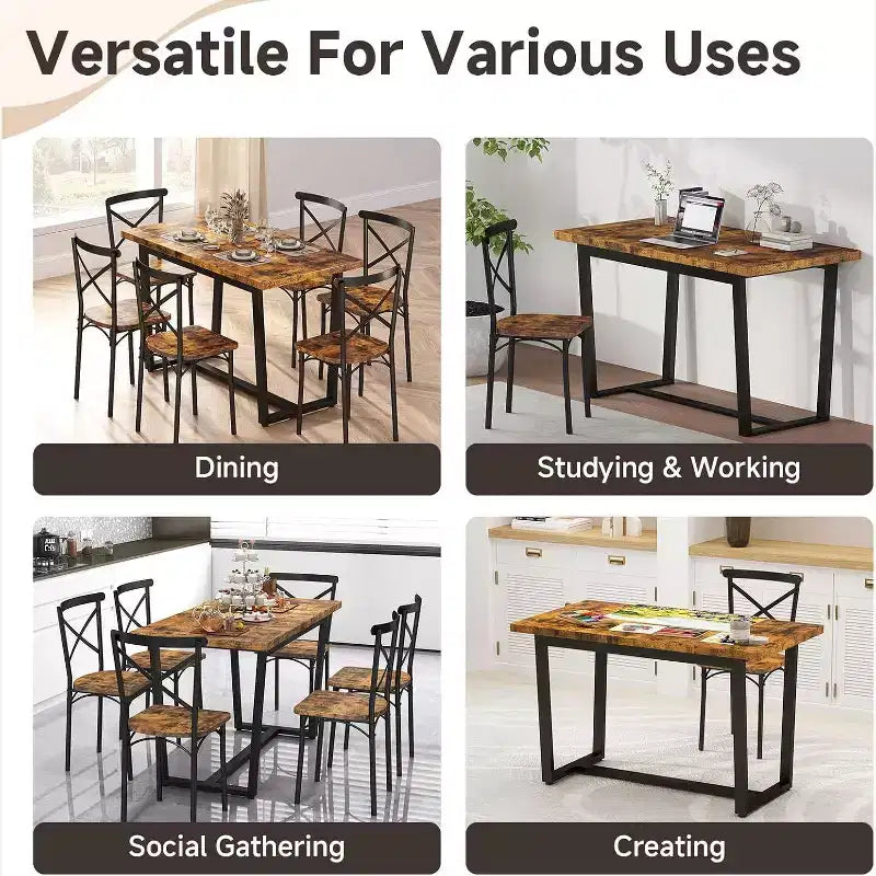 Ensemble table de salle à manger Zevemomo 7 pièces avec chaises, table rectangulaire à cadre métallique avec 6 chaises, pour cuisine, salle à manger et salon, marron