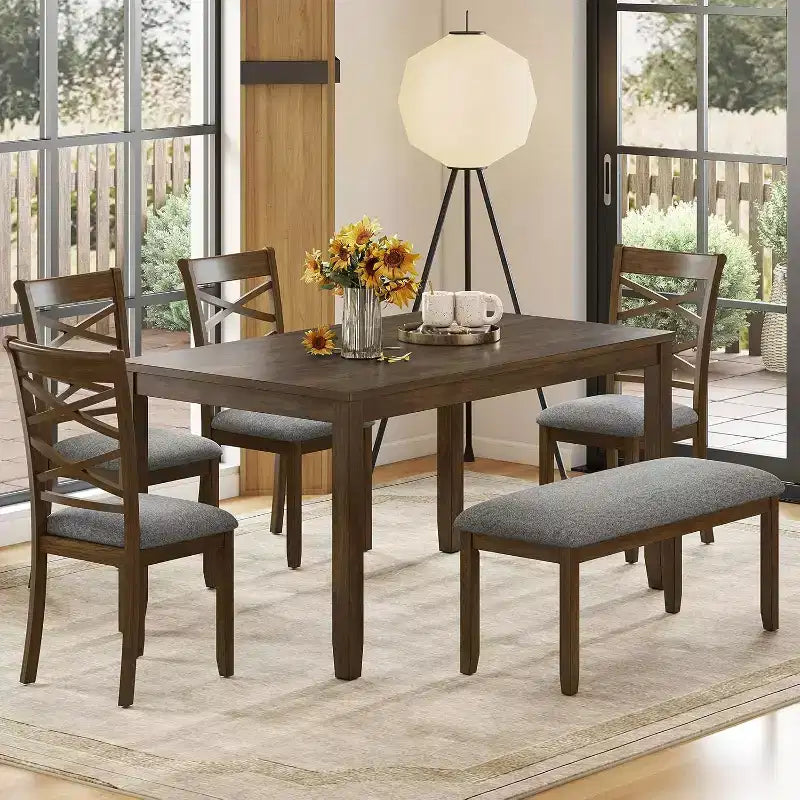 Zevemomo 6-Piece Solid Wood Dining Table Set, Includes 1 Dining Table, 4 Upholstered Chairs and 1 Bench, for Dining Room, Kitchen, Restaurant, Walnut