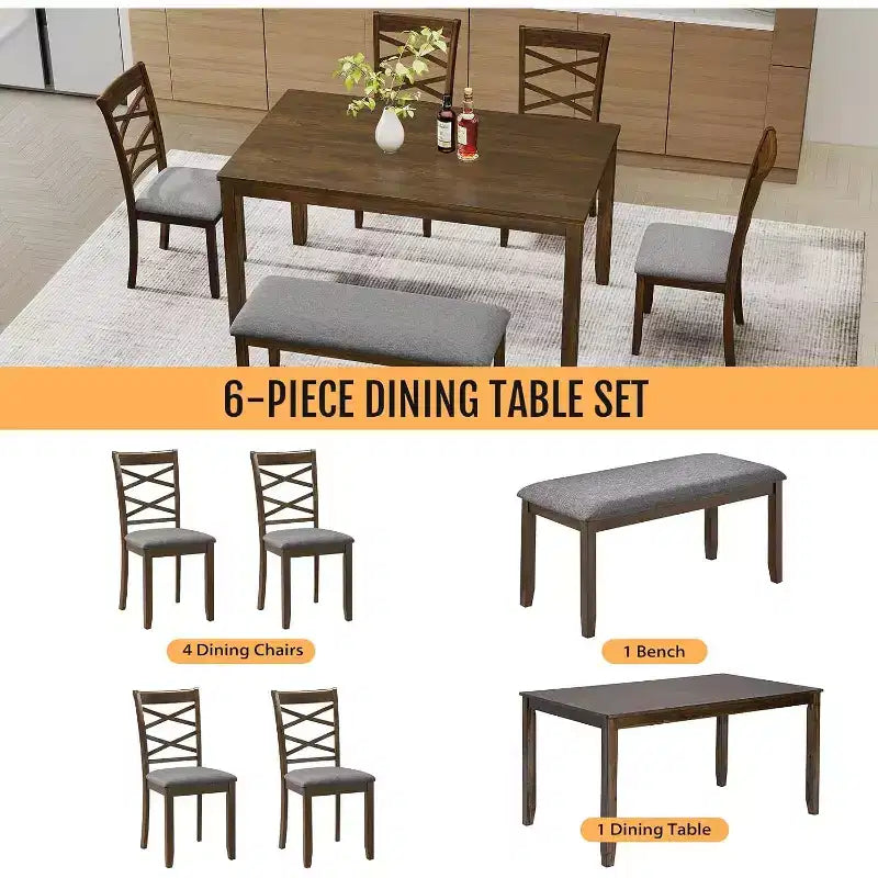 Ensemble de salle à manger 6 pièces en bois massif Zevemomo, comprend 1 table de salle à manger, 4 chaises rembourrées et 1 banc, pour salle à manger, cuisine, restaurant, noyer