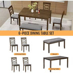 Ensemble de salle à manger 6 pièces en bois massif Zevemomo, comprend 1 table de salle à manger, 4 chaises rembourrées et 1 banc, pour salle à manger, cuisine, restaurant, noyer