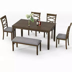 Ensemble de salle à manger 6 pièces en bois massif Zevemomo, comprend 1 table de salle à manger, 4 chaises rembourrées et 1 banc, pour salle à manger, cuisine, restaurant, noyer