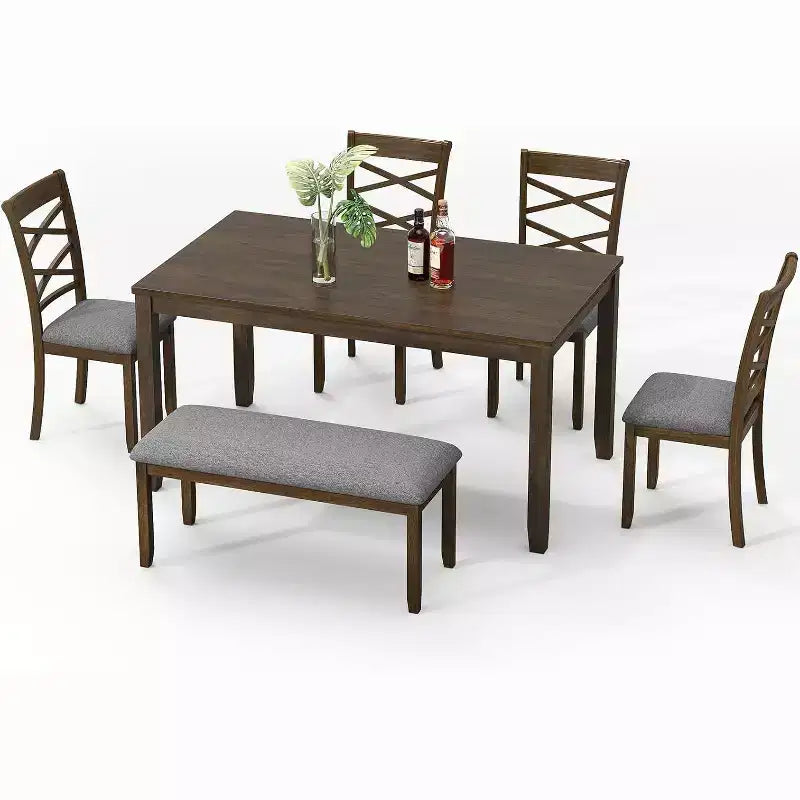Ensemble de salle à manger 6 pièces en bois massif Zevemomo, comprend 1 table de salle à manger, 4 chaises rembourrées et 1 banc, pour salle à manger, cuisine, restaurant, noyer