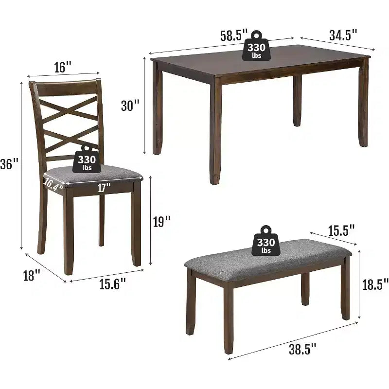 Ensemble de salle à manger 6 pièces en bois massif Zevemomo, comprend 1 table de salle à manger, 4 chaises rembourrées et 1 banc, pour salle à manger, cuisine, restaurant, noyer