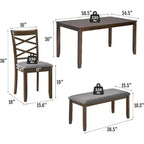 Ensemble de salle à manger 6 pièces en bois massif Zevemomo, comprend 1 table de salle à manger, 4 chaises rembourrées et 1 banc, pour salle à manger, cuisine, restaurant, noyer
