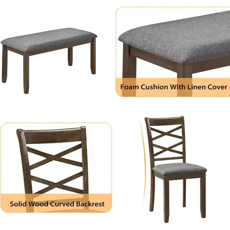 Ensemble de salle à manger 6 pièces en bois massif Zevemomo, comprend 1 table de salle à manger, 4 chaises rembourrées et 1 banc, pour salle à manger, cuisine, restaurant, noyer