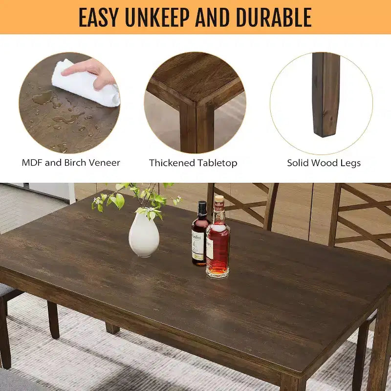 Ensemble de salle à manger 6 pièces en bois massif Zevemomo, comprend 1 table de salle à manger, 4 chaises rembourrées et 1 banc, pour salle à manger, cuisine, restaurant, noyer
