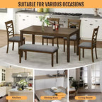 Ensemble de salle à manger 6 pièces en bois massif Zevemomo, comprend 1 table de salle à manger, 4 chaises rembourrées et 1 banc, pour salle à manger, cuisine, restaurant, noyer