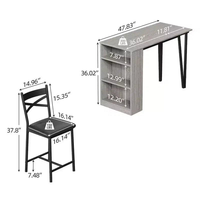 Ensemble Table et Chaises de Bar Coolmee, Ensemble Table de Bar 3 Pièces avec Rallonge Rabattable et Étagères de Rangement, Ensemble Table à Manger pour 2 Personnes