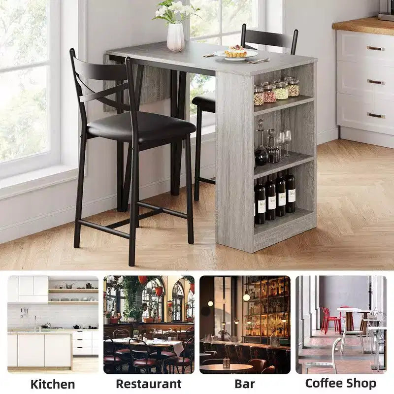 Ensemble Table et Chaises de Bar Coolmee, Ensemble Table de Bar 3 Pièces avec Rallonge Rabattable et Étagères de Rangement, Ensemble Table à Manger pour 2 Personnes