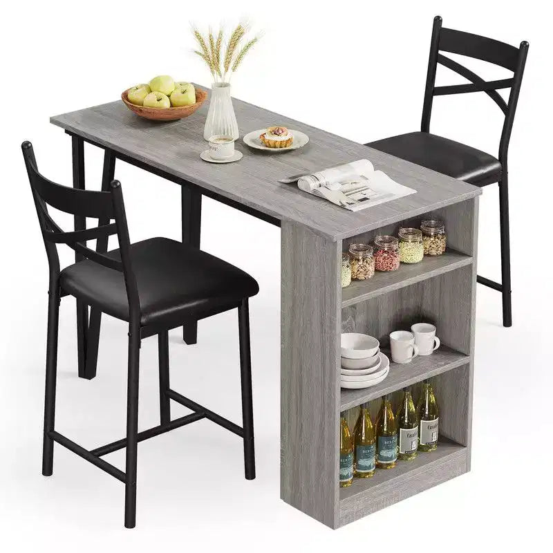 Ensemble Table et Chaises de Bar Coolmee, Ensemble Table de Bar 3 Pièces avec Rallonge Rabattable et Étagères de Rangement, Ensemble Table à Manger pour 2 Personnes
