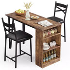 Ensemble Table et Chaises de Bar Coolmee, Ensemble Table de Bar 3 Pièces avec Rallonge Rabattable et Étagères de Rangement, Ensemble Table à Manger pour 2 Personnes