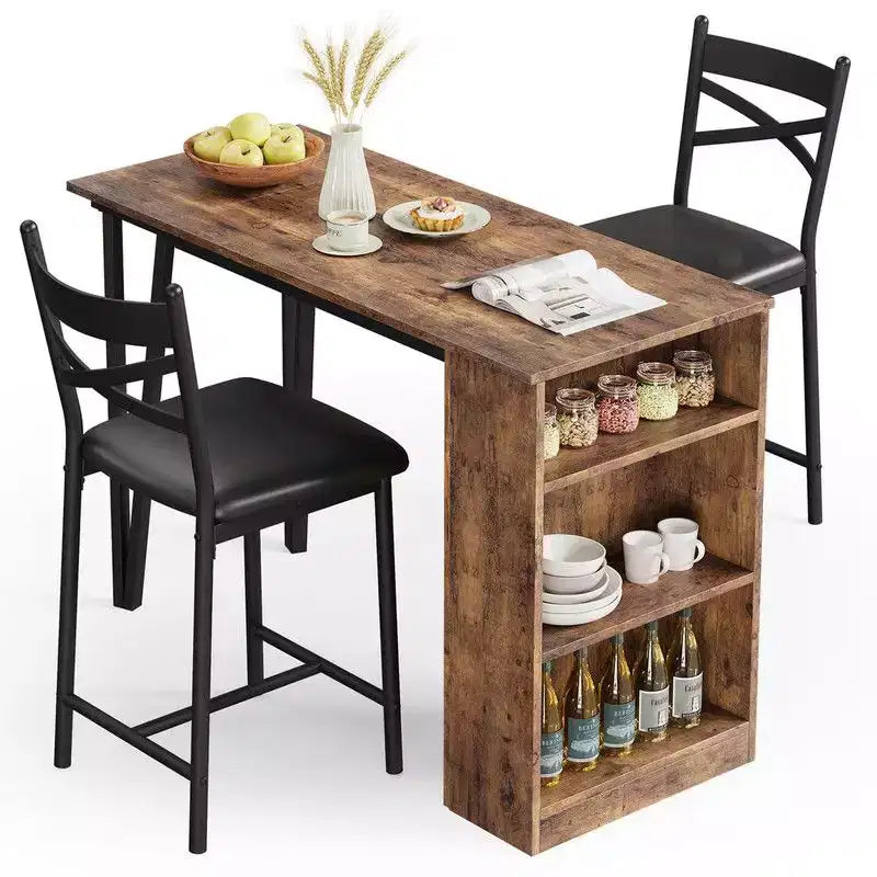 Ensemble Table et Chaises de Bar Coolmee, Ensemble Table de Bar 3 Pièces avec Rallonge Rabattable et Étagères de Rangement, Ensemble Table à Manger pour 2 Personnes