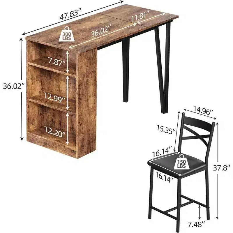 Ensemble Table et Chaises de Bar Coolmee, Ensemble Table de Bar 3 Pièces avec Rallonge Rabattable et Étagères de Rangement, Ensemble Table à Manger pour 2 Personnes