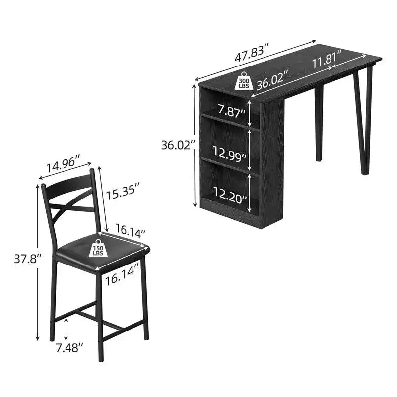 Ensemble Table et Chaises de Bar Coolmee, Ensemble Table de Bar 3 Pièces avec Rallonge Rabattable et Étagères de Rangement, Ensemble Table à Manger pour 2 Personnes