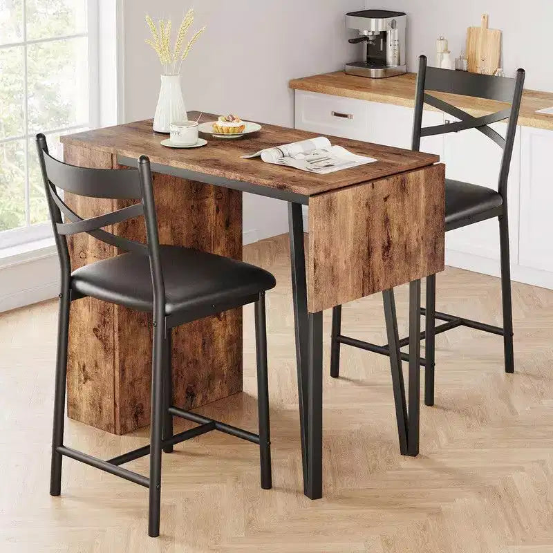 Ensemble Table et Chaises de Bar Coolmee, Ensemble Table de Bar 3 Pièces avec Rallonge Rabattable et Étagères de Rangement, Ensemble Table à Manger pour 2 Personnes